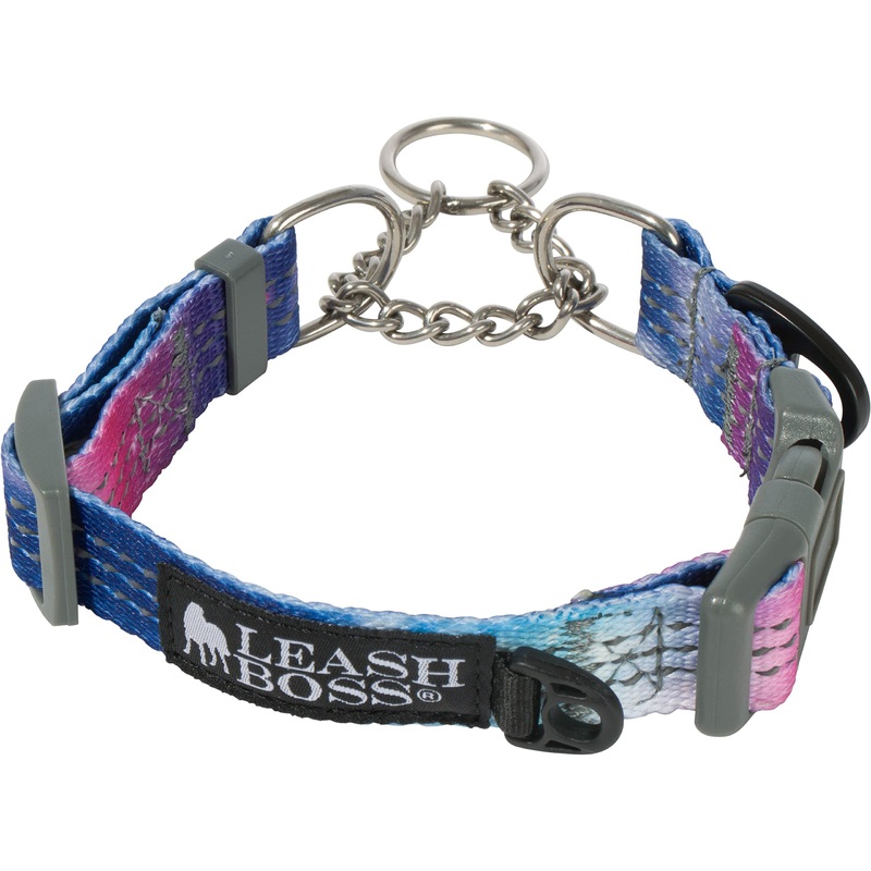Leashboss Martingale Collar For Dogs – Steel Chain | Reflective Nylon Dog Collar for Large Dogs, Medium and Small Dogs | No Pull Pet Training Collar Small | Quick Release Buckle, Adjustable Pet Collar Medium-Large (16-19″ Neck x 1″ Wide)