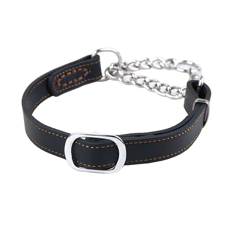 Love Dream Martingale Collars for Dogs, Leather Training Dog Collar, Stainless Steel Chain Anti-Escape No Pull Dog Collar for Medium Large Dogs (M(13.8″-18.9″), Black) M(13.8″-18.9″)