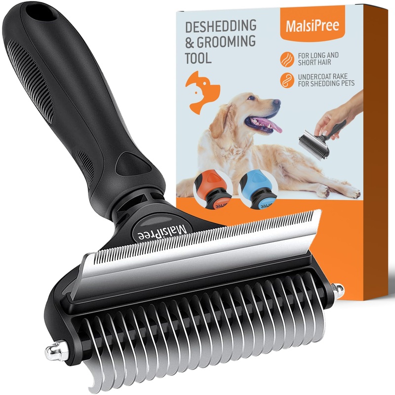 MalsiPree Dog Grooming Brush for Shedding – 2 in 1 Deshedding Tool and Undercoat Rake for Long and Short Haired Dogs with Double Coat – Dematting Comb and Pet Hair Deshedder Supplies (Large, Black) L