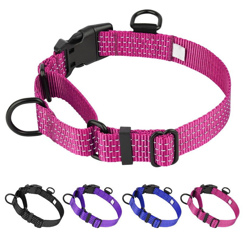Martingale Dog Collars, Adjustable Reflective Nylon Dog Collar for Training Dogs, No Pull Dog Choker Collar for Medium Large Dogs (M, Hot Pink) M [13.3″-19.6″]