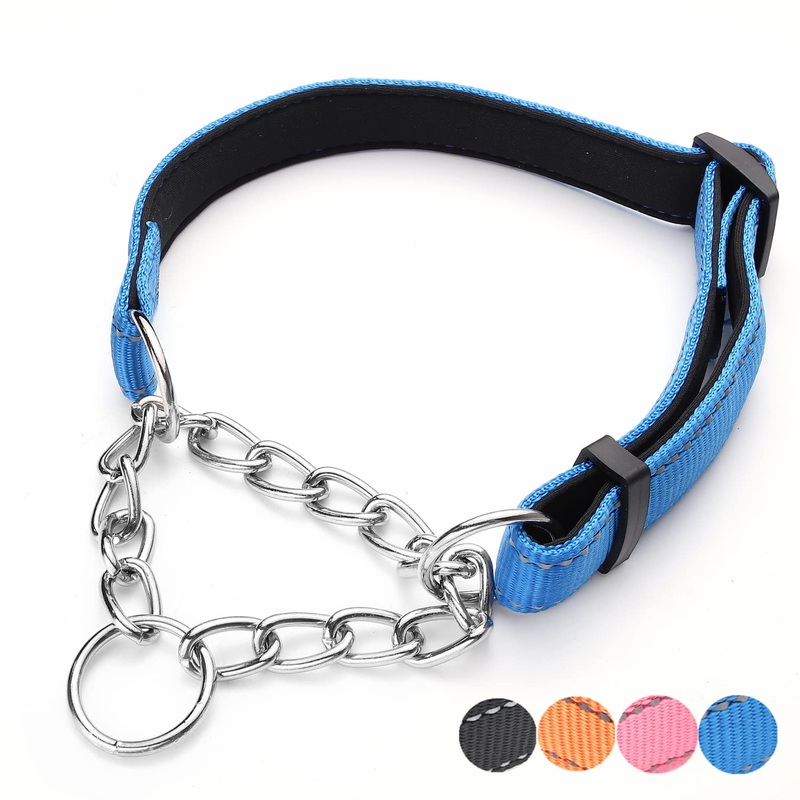 Martingale Dog Collars Adjustable Soft Nylon Reflective Collars with Stainless Steel Chain Walking Training Collars Heavy-Duty Puppy Chain Collars for Small,Medium,Large Dogs (S,Blue) S-(dog’s neck10-15inches) Blue