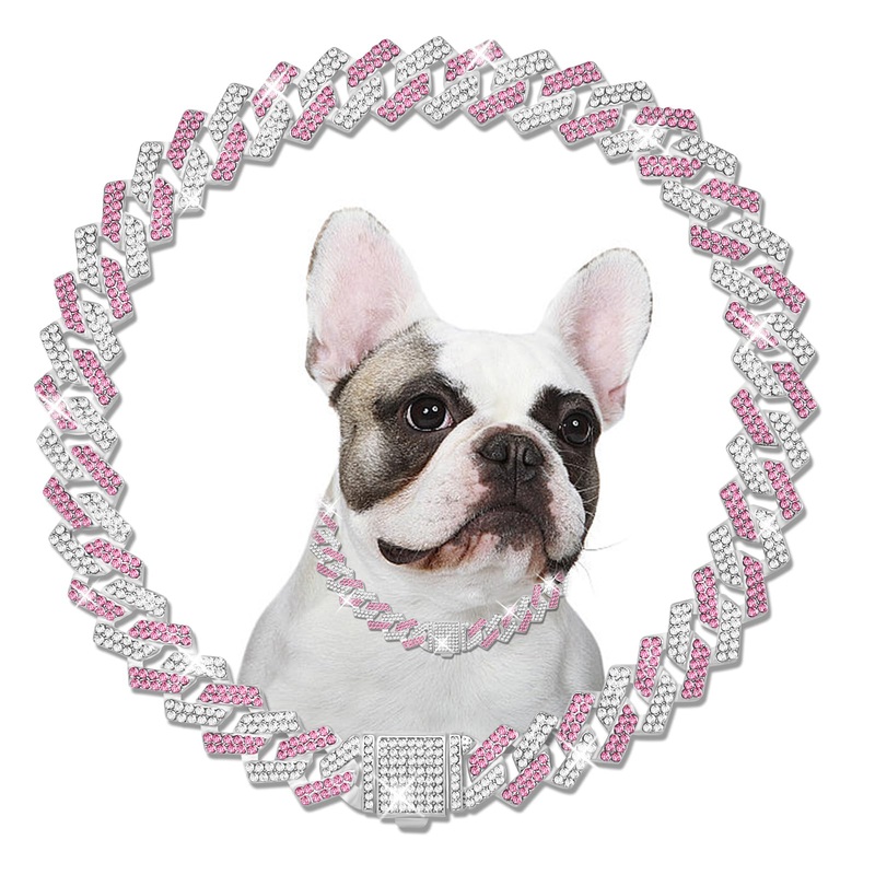 Metal Cuban Diamond Dog Chain Dog Training Chain with Secure Buckle Pet Collars for Large Medium Dogs 12in Pink white