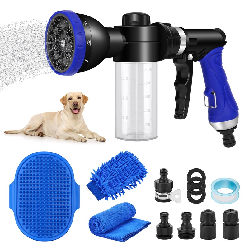 Pet Bathing Sprayer Kit,10 Spray Patterns, Adjustable Hose Wash Sprayer with 4 to 8 Bars Foam Blaster,Suitable for Pet Washing, Car Cleaning and Garden Use with 1/2 Quick Connector