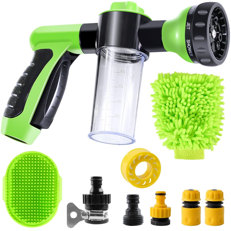 Pet Bathing Tool Set with Hose Nozzle Foam Sprayer and Dog Rubber Comb Brush – for Pet Shower, Car Wash Mitt, and Watering Plants&Lawns Green