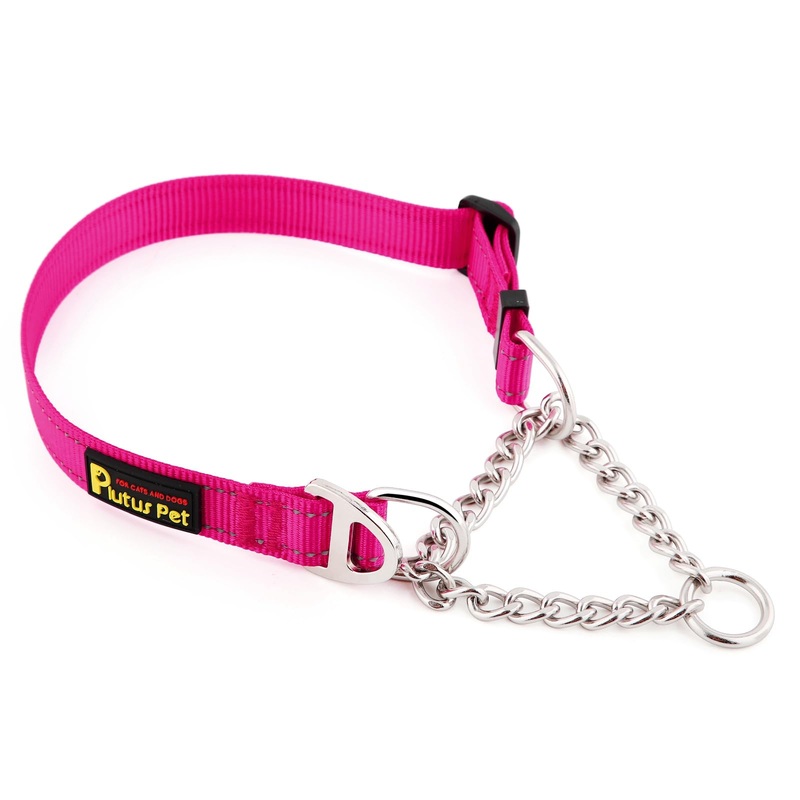 Plutus Pet Martingale Dog Collar with Stainless Steel Chain and Reflective Nylon, Adjustable No Pull Training Collar, for Small Medium, and Large Dogs, Hot Pink, M
