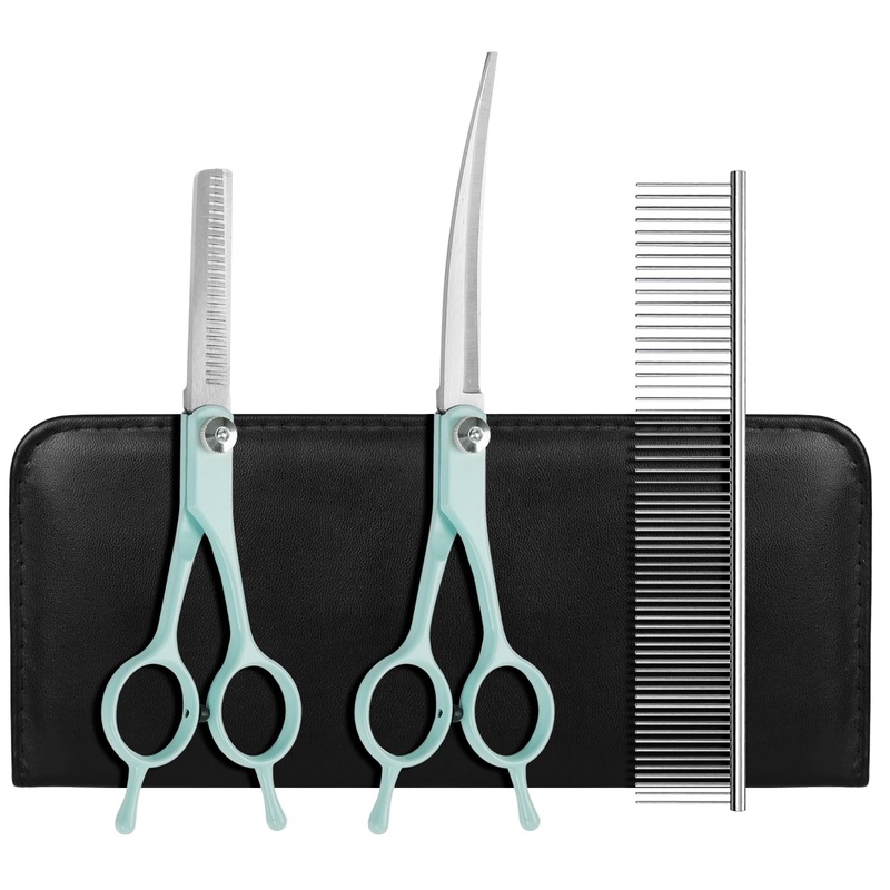 Professional Dog Grooming Scissors Set, 4 in 1 Dog Grooming Scissors Kit, Curved Dog Scissors Pet Thinning Shears, Pet Grooming Supplies, Blue Candy Blue