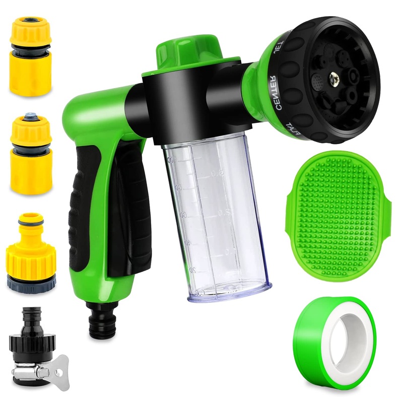 Pup Dog Jet Wash, 8-Way Spray Pattern Dog Washing Hose Attachment with Soap Dispenser, Pet Bath Brush, Garden Hose Nozzle Sprayer for Watering Plants, Lawn, Patio, Car Wash, Showering Pet Outdoor Green