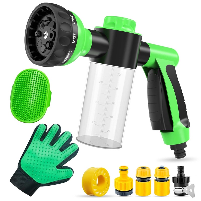 Pup Jet Dog Wash Hose Attachment, 8 Pieces Pet Bathing Tool Set Includes Hose Nozzle 100cc Foam Sprayer, Pet Grooming Glove and Rubber Comb Brush for Showering Dog Horse, Car Wash and Watering Plants