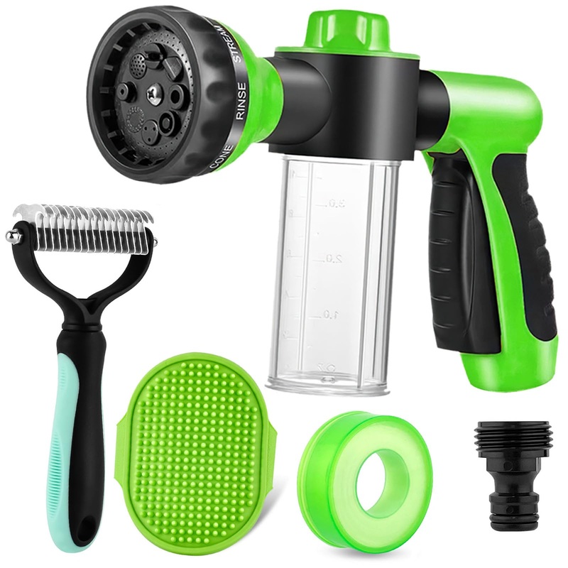 Pup Jet Dog Wash Hose Attachment,Dog hose nozzle 8 spray patterns with 3.5oz/100cc Soap Dispenser Bottle and Dog De-Shedding Comb for Pet Showering Car Washing, Watering Plants (GREEN)