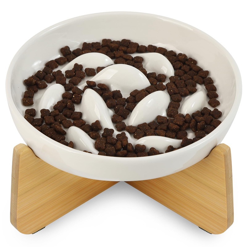Slow Feeder Cat Bowl,Cat Slow Feeder with Stand,Higher Edge Fish Pond Design,Ceramic Cat Bowl Cat Puzzle Feeder Suitable for Dry and Wet Food, Focus On Healthy Diet for Cat Small Breed (White) White