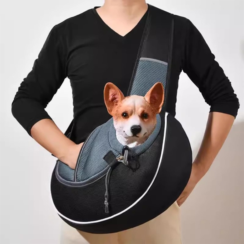 Small Dog Sling Carrier – Adjust. Strap & Zip Pocket – Suitable for Puppies (Black) (Black Grey) Black Grey