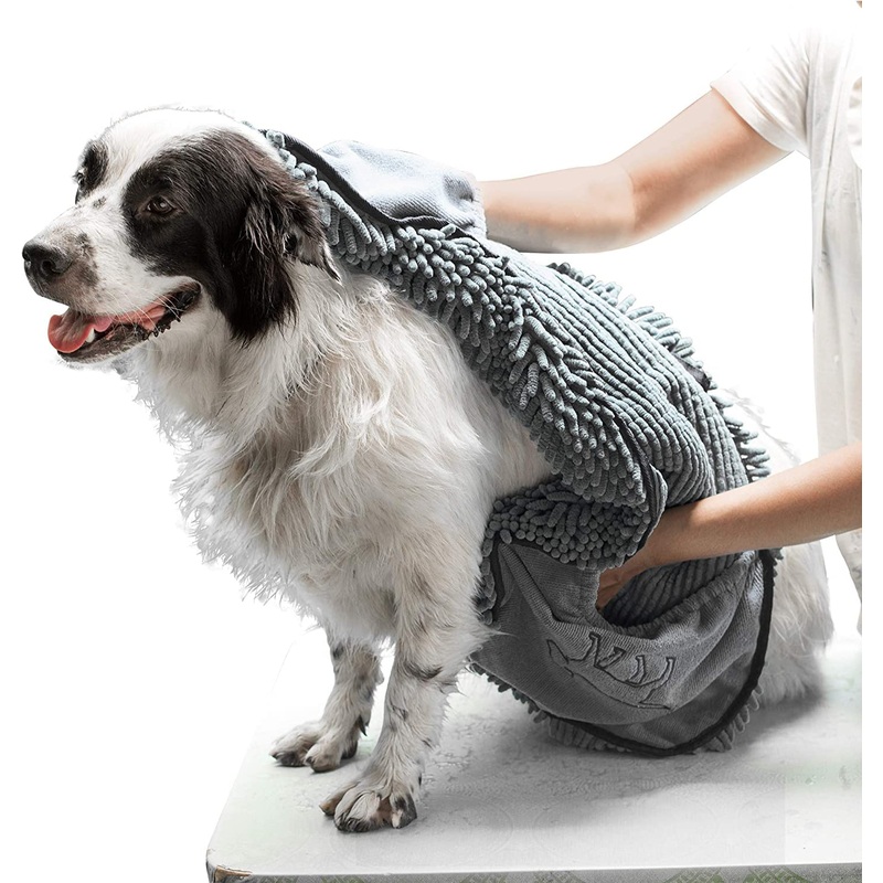 Tuff Pupper Quick Dry Towel for Dogs | Ultra Absorbent Microfiber Shammy | Extra Large 35×15 Size Dog Bath Towel | Comfortable Hand Pockets | Indoor Outdoor Use | Durable Material | Machine Washable Cool Grey