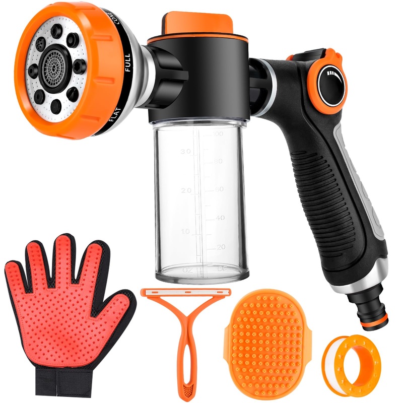 Upgrade Dog Washing Hose Attachment, 8 Spray Patterns PupJet Dog Wash with 3.5oz 100cc Soap Dispenser, Dog Washing Gloves, Dog Bath Brush, Suitable for Watering Plant, Patio, Cleaning, Showering Pet Orange