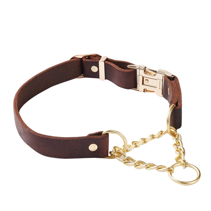Upgrade Martingale Leather Dog Collar, Limited Cinch Training Collar with Heavy Duty Quick Release Buckle, Adjustable Training No Slip Dog Collar with Rustproof Brass Chain, for Large Dogs