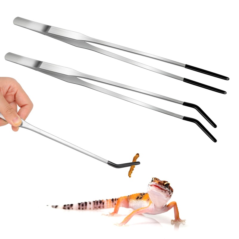 2 Pcs Reptile Feeding Tweezers Rubber Tips Feeding Tongs Bearded Dragon Aquarium Terrarium Feeder Tools Stainless Steel Long Tweezers for Snakes Lizards (10”, 10.5”)