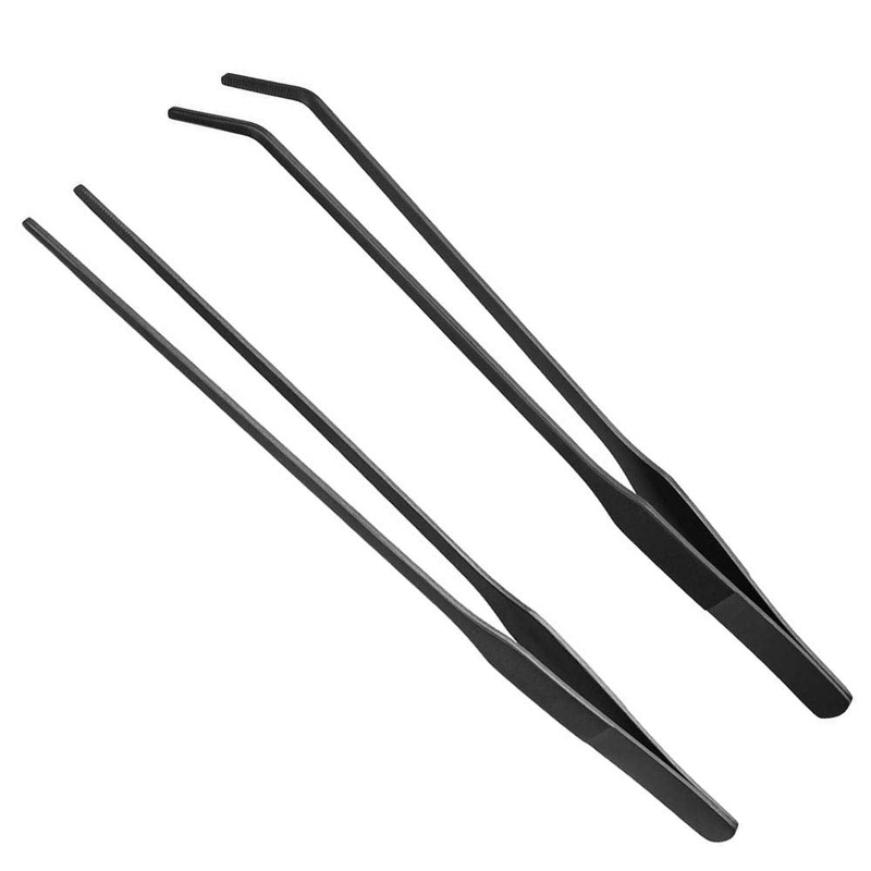 2PCS Aquarium Tweezers Stainless Steel Straight and Curved Tweezers Set Long Handle Reptile Feeding Tongs for Aquatic Plants Lizards Spider Snakes Garden Repairing – 10.6inch, Black