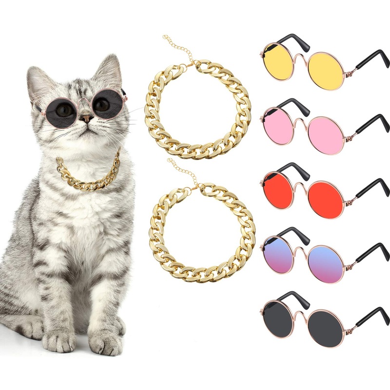 7 Pieces Sunglasses for Cats Dog Sunglasses Gold Chain Costume Funny Cute Cat Glasses Retro Pet Cosplay (Vivid Colors, Lovely Style) Vivid Colors
