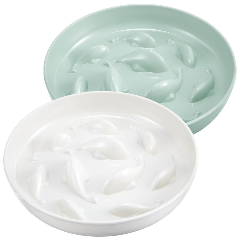 Cat Feeder, 2 Pcs Pet Slow Feeder Bowl, Fish Pool Design, Healthy Eating Diet, Interactive Cat Food Bowl, Dishwasher Safe, Melamine, Green White White, Green
