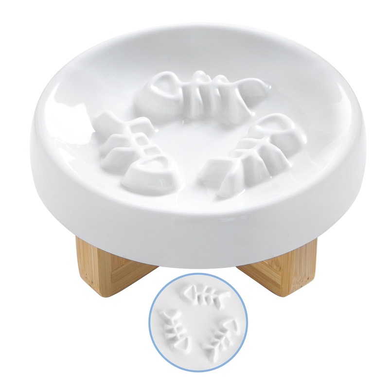 Ceramic Cat Dog Feeder, Slow Feed Bowl with Stand, 2.5” High, 5.2” Wide, Whisker Friendly, Easy to Clean, for Cats and Small Dogs Small Fish Bone-White