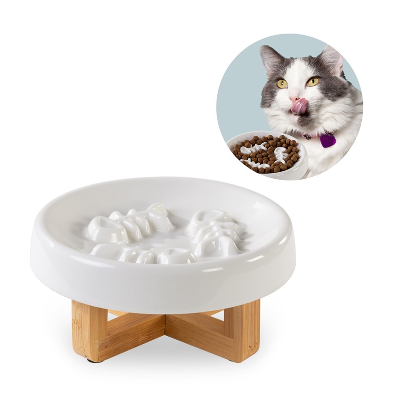 Ceramic Cat Feeder Bowl with Stand, Slow Eating, Healthy Diet, 8.4x3x8.4 inches, 2.0 lbs, Medium, All Life Stages, Bone-White, Feeder for Indoor Pets Small Fish Bone-White