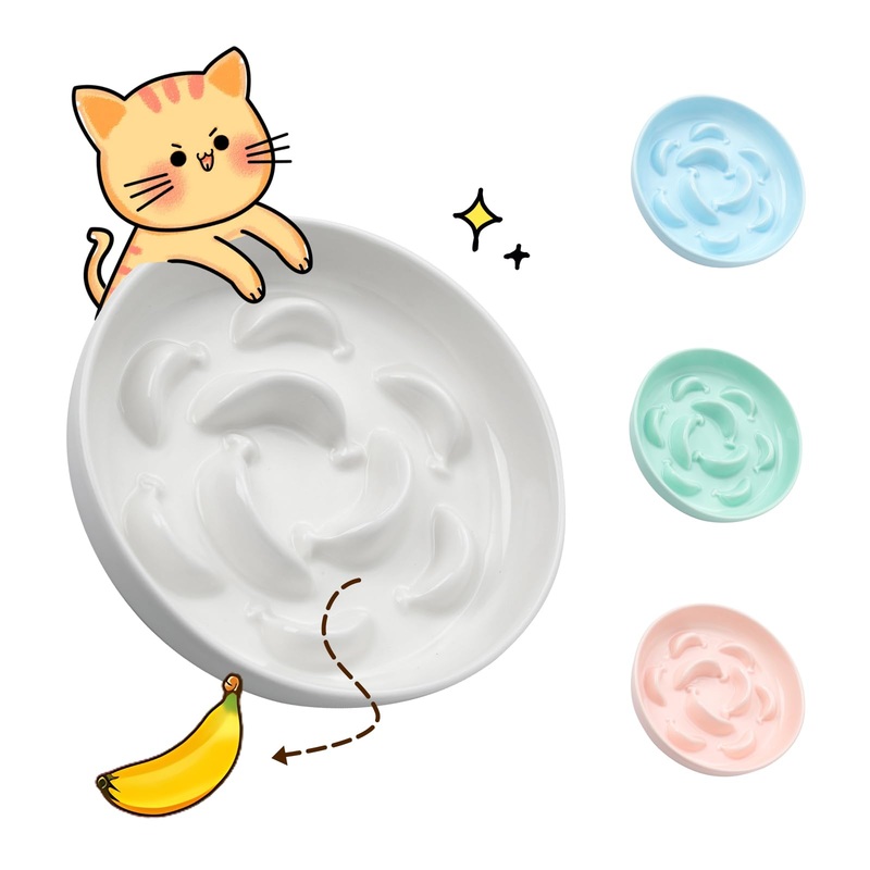 Ceramic Cat Slow Feeder Bowl – Pastel Series Slow Feeding Cat Bowls – Cute Maze Cat Food Plate for Healthy Eating – Fun Cat Puzzle Feeder Dish – Dishwasher Safe – 6.3”W x 1.2”H – 7 OZ – Ivory White