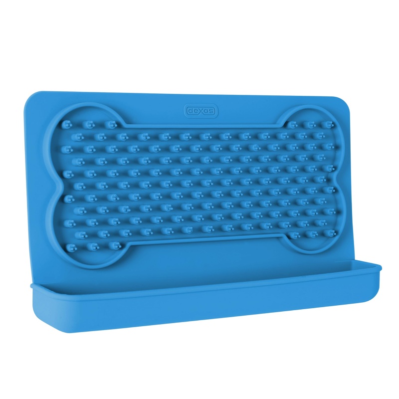Dexas Snack & Distract Licking Mat with Catch Tray for Dogs and Cats-9.5″x 5.5″, Pro Blue. Sticks to Most Slick or Smooth Surfaces. Eases Anxiety, Prevents Boredom, Entertains and Distracts. 9.5″x 5.5″