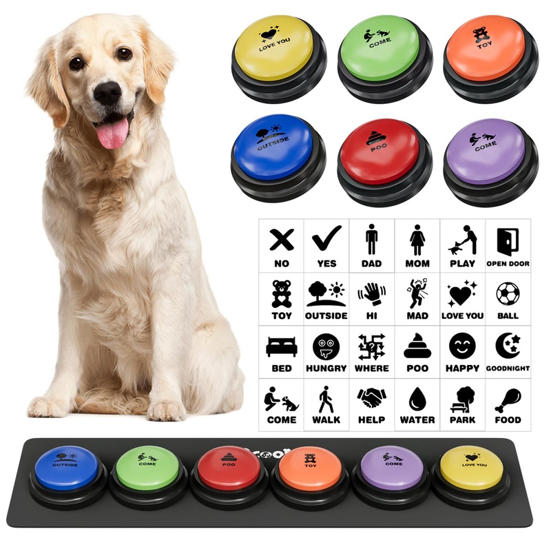 Dog Buttons for Communication, 6 Pcs Dog Talking Button Set, 30s Voice Recordable Pet Training Buzzer, Speaking Buttons for Cats & Dogs with Waterproof Dog Activity Mat and 24 Scene Stickers 6 Pack