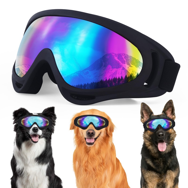 Dog Goggles for Medium Large Breed, UV Protection Dog Sunglasses with Sponge Pad and Adjustable Strap, Windproof Dustproof Anti-Fog Dog Eye Protection Glasses for Dogs Doggy – Black+Blue Black frame + Colorful blue