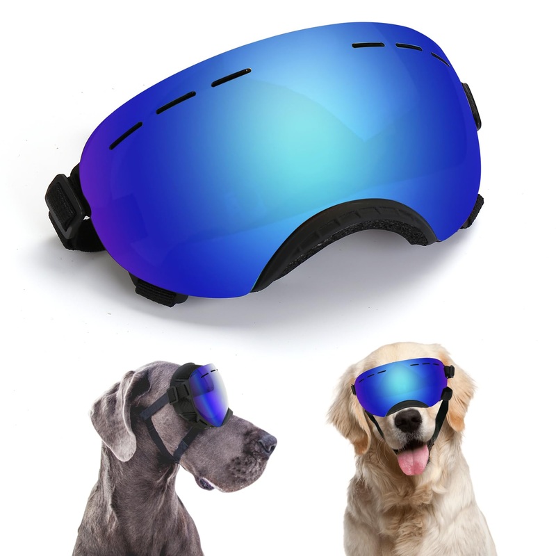 Large Dog Sunglasses Dog Goggles Pet Glasses Pet Eyewear with Adjustable Strap,Glasses for Medium Large Dog Swimming Skating Glasses UV Proof Windproof Dustproof (Black-Blue) Black-Blue
