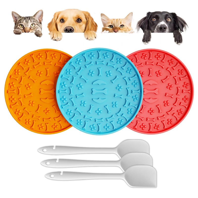 Lick Mat for Dogs & Cats 3 Pack – Silicone Dog Lick Mat with Suction Cups – Anxiety Relief/Promotes Healthy Eating/Frozen & Dishwasher Safe – Pet Peanut Butter Lick Pad LPFALASAT (Blue Orange Red) round