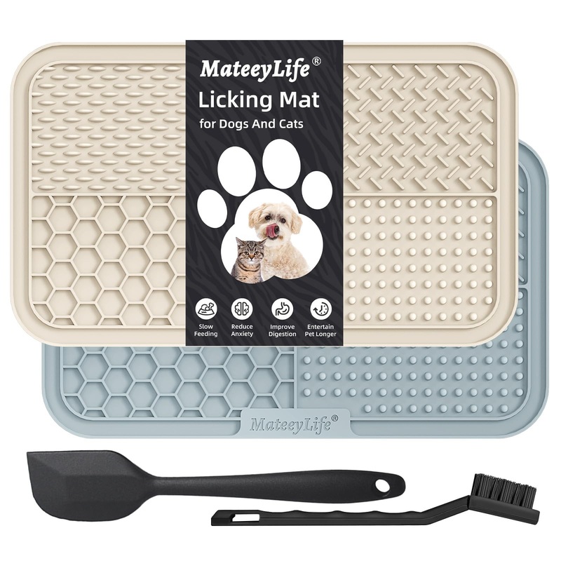 MateeyLife 2PCS Large Lick Mat for Dogs and Cats with Suction Cups, Dog Lick Mat for Anxiety Relief, Dog Toys to Keep Them Busy, Dog Enrichment Toys for Bathing, Cat Peanut Butter Lick Pad for Boredom 9.9”  6” Gray&Beige