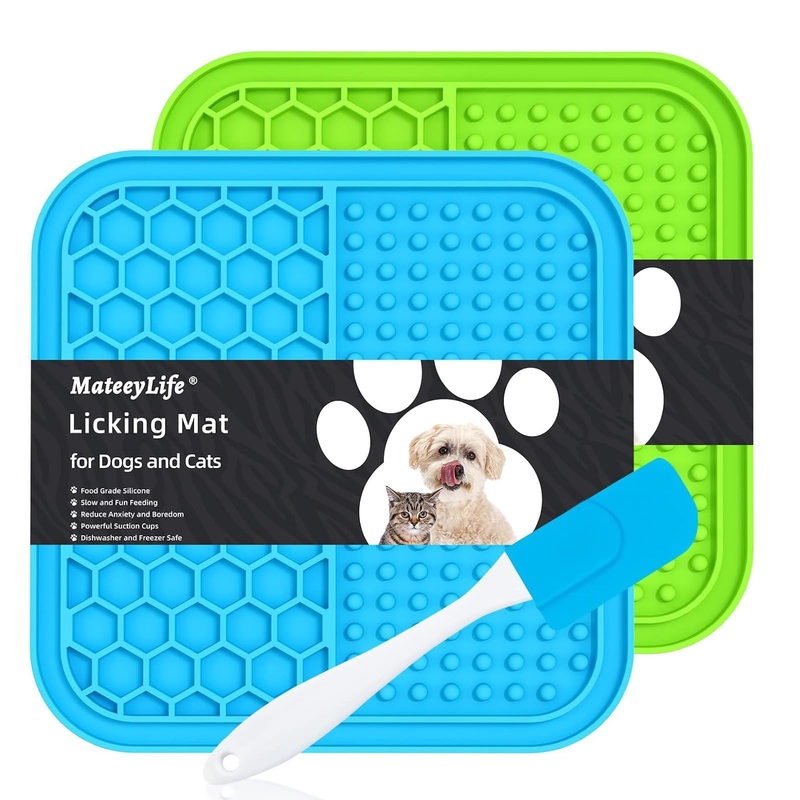 MateeyLife 2PCS Small Lick Mat for Dogs and Cats, Licking Mats for Dog Anxiety Relief, Cat Peanut Butter Lick Pad for Boredom Reducer, Dog Treat Mat Perfect for Bathing Grooming Blue&Green 6”  6”
