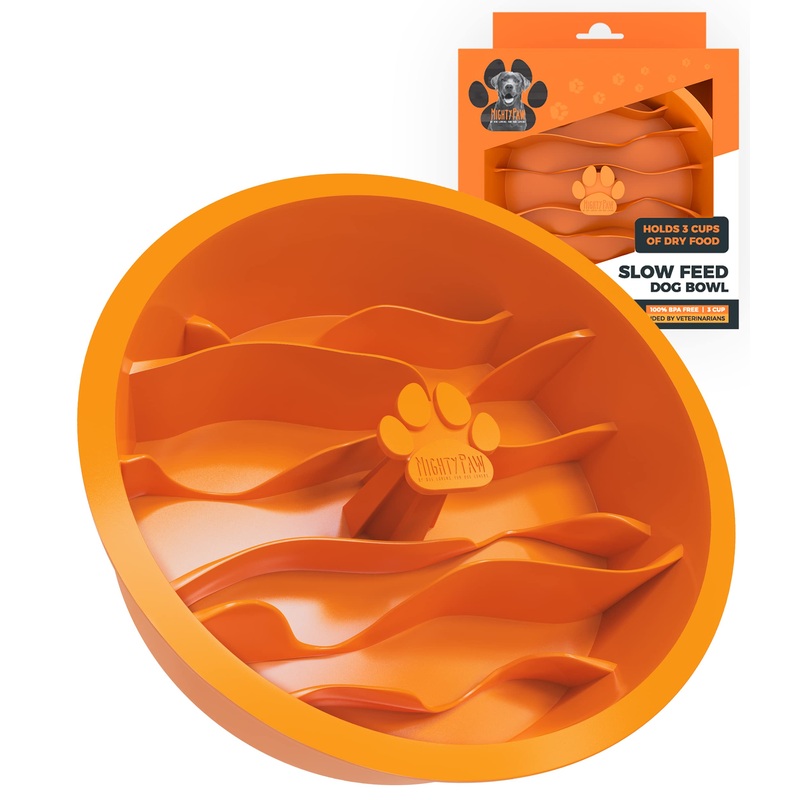 Mighty Paw Slow Feeder Dog Bowls | Interactive Dog Bowl Slow Feeder – Silicone Dog Puzzle Feeder Insert – Dog & Cat Slow Feeder Bowl – Medium Dog Slow Feeder Bowl for All Sized Breeds! (7″ x 2″) Orange