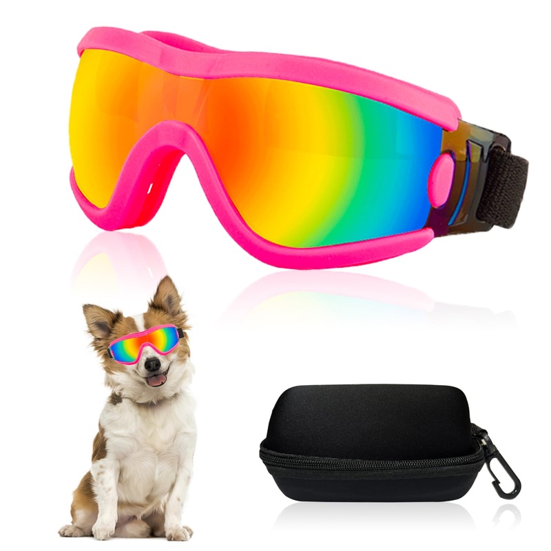 Mitubati Dog Goggles Small Breed Dog Sunglasses with Adjustable for UV Protection Eyewear Doggy Doggie Puppy Glasses Anti-Fog Wind Dust Snowproof (Pink Frame Red Lens) Pink Frame Red Lens