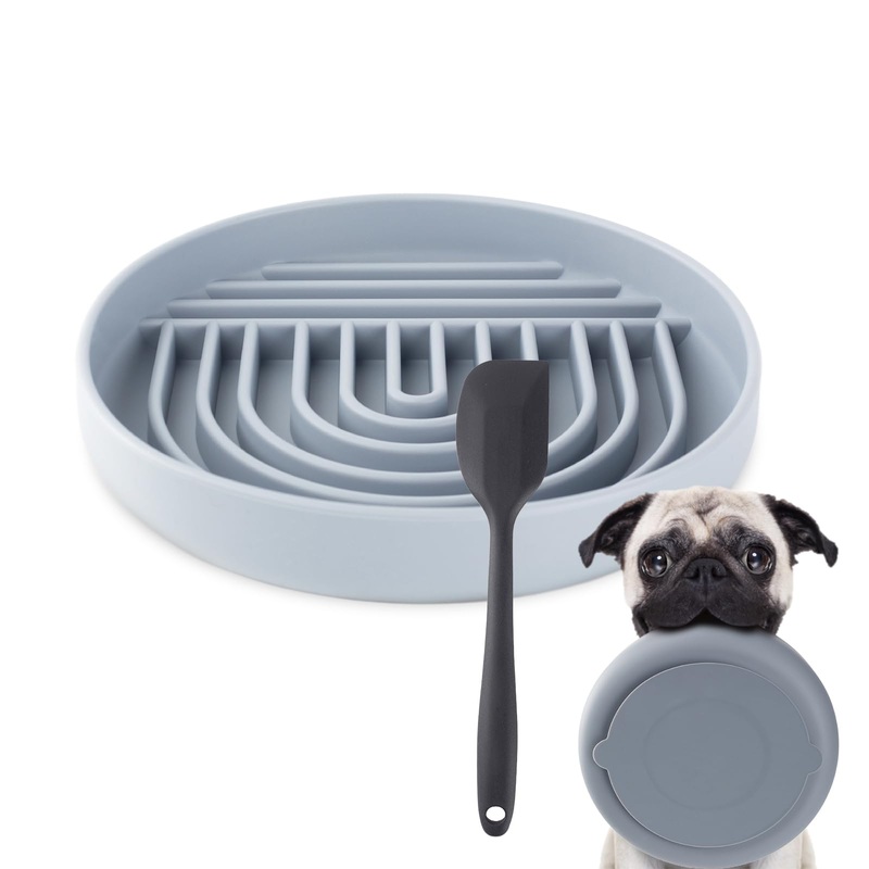 Slow Feeder Bowl with Spatula, Silicone Pet Puzzle Feeding Bowl with Suction Cups, Encourages Slow Eating, Reduce Boredom and Anxiety, Ideal for All Breeds Dogs & Cats – Grey, Large