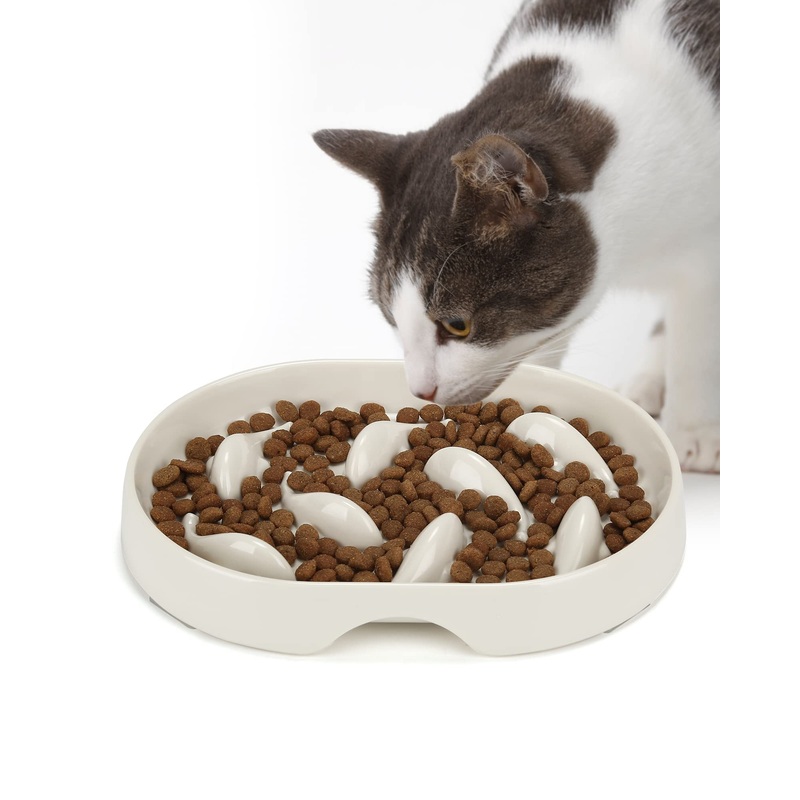 Slow Feeder Cat Bowl, Raised Rim Spill Proof Cat Slow Feeder Bowl for Wet and Dry Food, Slow Feeder for Cats Pet Anti Vomiting Anti Gulping, Fun Cat Puzzle Feeder Bowl White