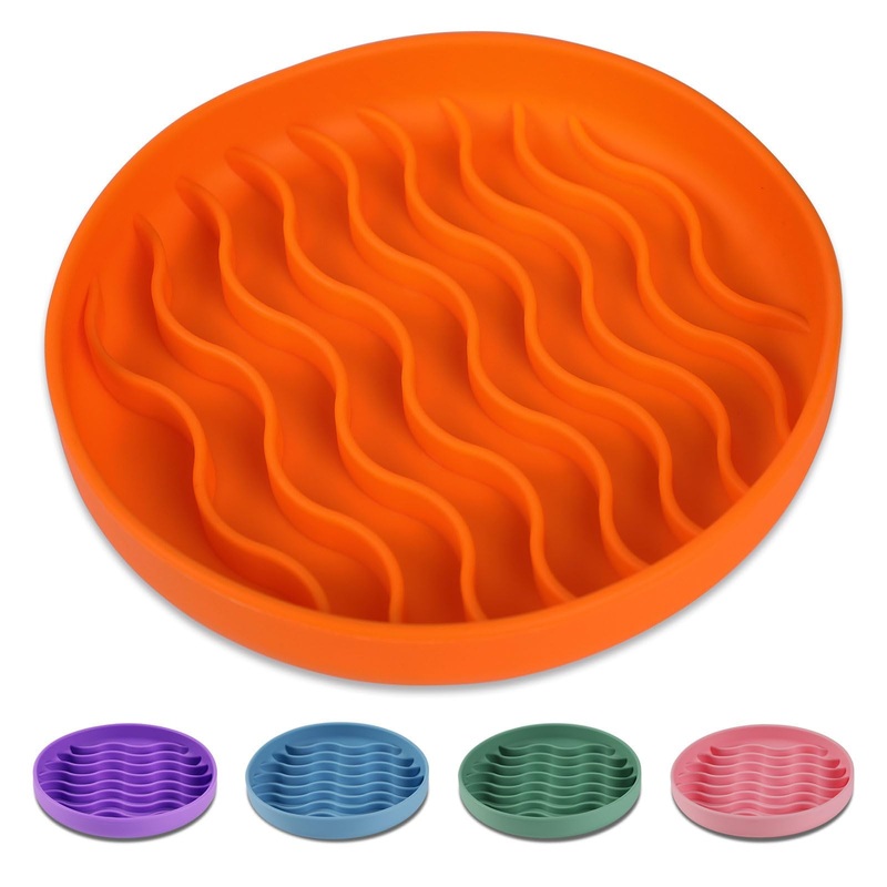 Slow Feeder Dog Bowls, Silicone Food Bowl Anti-Gulping, Pets Puppy Slow Feeder with Suction Cups, Dishwasher Microwave Safe for All Small Medium Dogs, Wave Design Orange