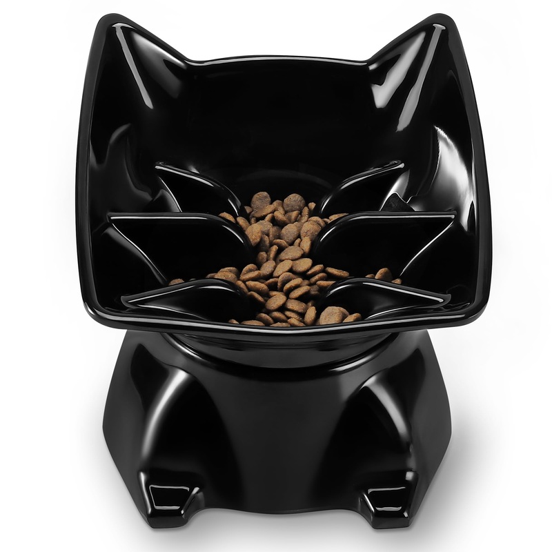 Small Elevated Slow Feeder Cat Bowl, Cute Tilted Elevated Bowls and Dishes for Cats & Small Dogs, Whisker Friendly, Anti Vomiting Raised Pet Bowl for Dry and Wet Food, Black