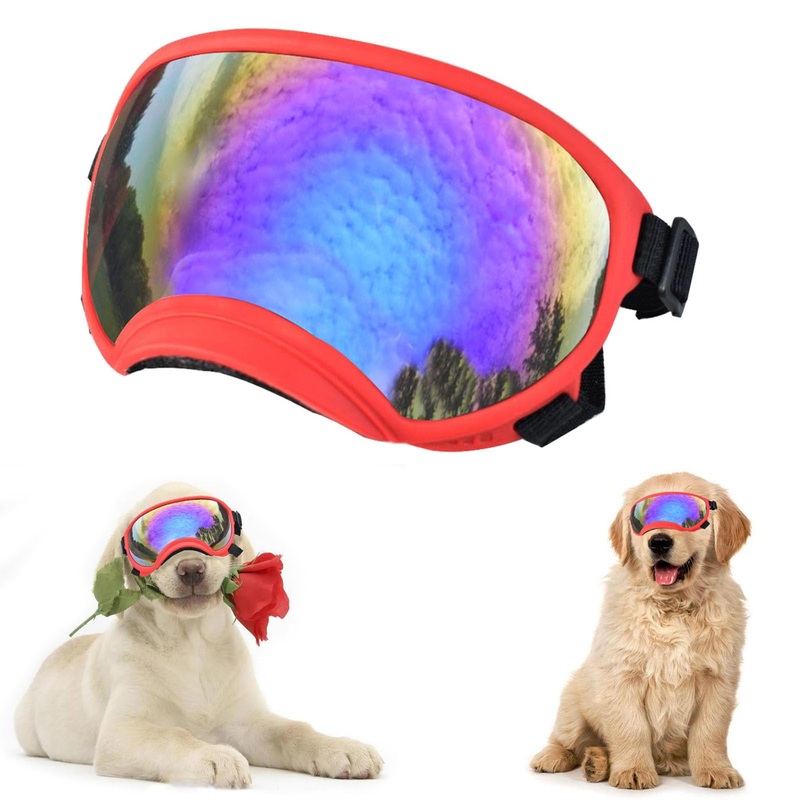 Soft Samll Dog Sunglasses Dog Goggles for Large Breed UV/Wind/Dust Protection Winproof Dog Puppy Sunglasses Pet Glasses Eye Wear with Adjustable Strap (Red Frame & Bule Lens/Small) Red Frame & Bule Lens/Small
