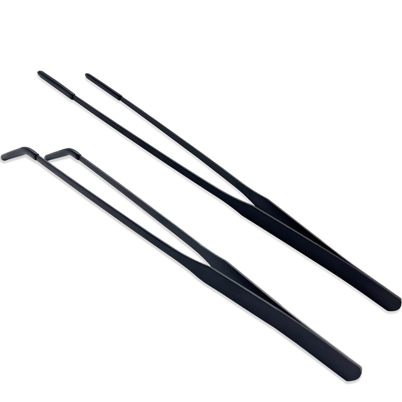 Stainless Steel Straight and Curved Tweezers Aquarium Tweezers with Rubber Tips Long Handle Reptile Feeding Tongs for Fish Tank Aquatic Plants, 2pcs, 10.6 Inch, Black