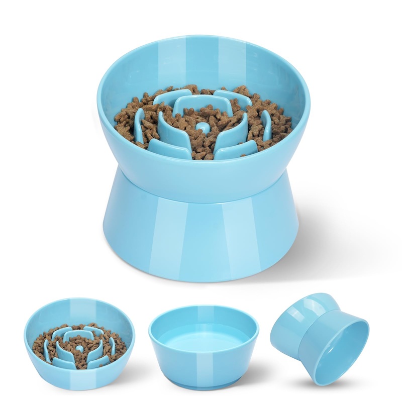 Tilted Raised Slow Feeder Bowl for Cats and Small & Medium Dogs, Raised Design Improves Posture, Spiral Inner Shape Prevents Fast Eating, Dishwasher Safe, 10 oz (Blue) Blue