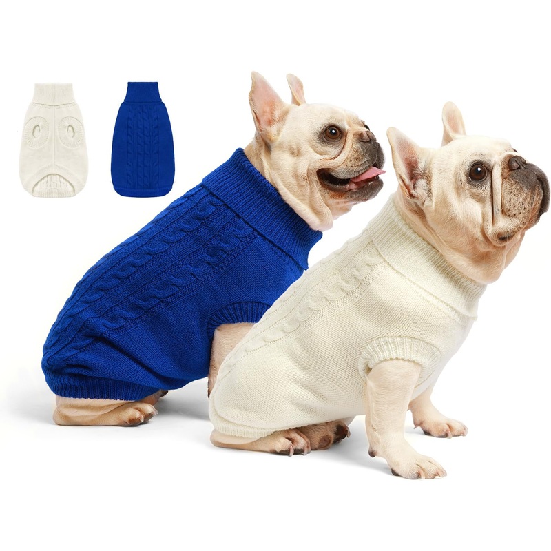 2 Pack Dog Sweaters for Small Dogs – Puppy Medium Warm Clothes in Winter, Turtleneck Pullover Design for Boy Girl Pet, Doggie, Cat, Kitten Chihuahua Bulldog Pug Beagles (XS, Blue, Beige) X-Small Blue+Beige