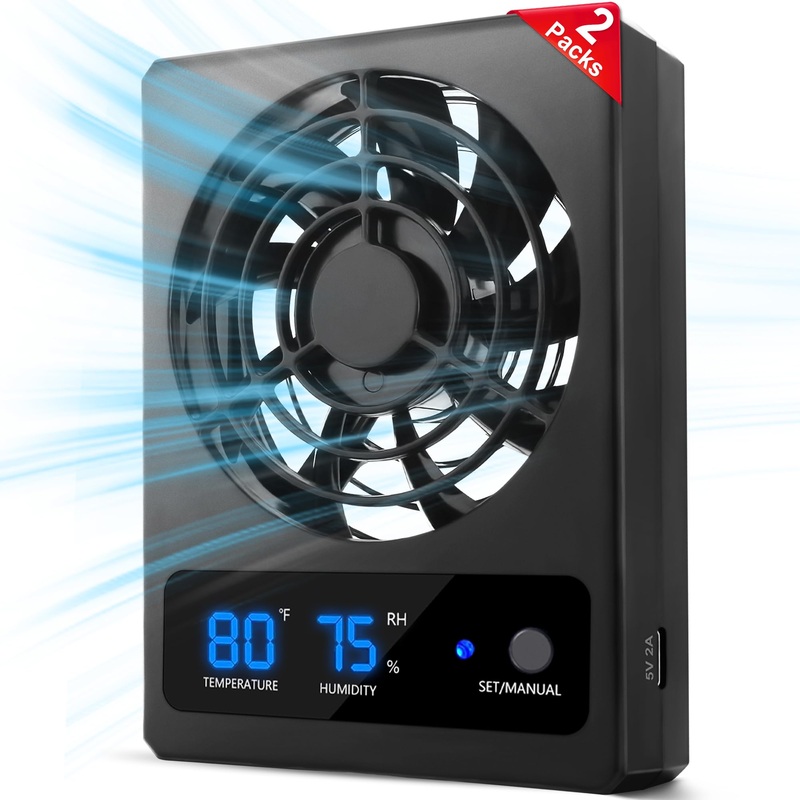 2PCS Reptile Ventilation Fan with Humidity Sensor and High-Temp Alarm, Fan Dehumidifier for Reptile Enclosure and Terrarium 2PCS-Black
