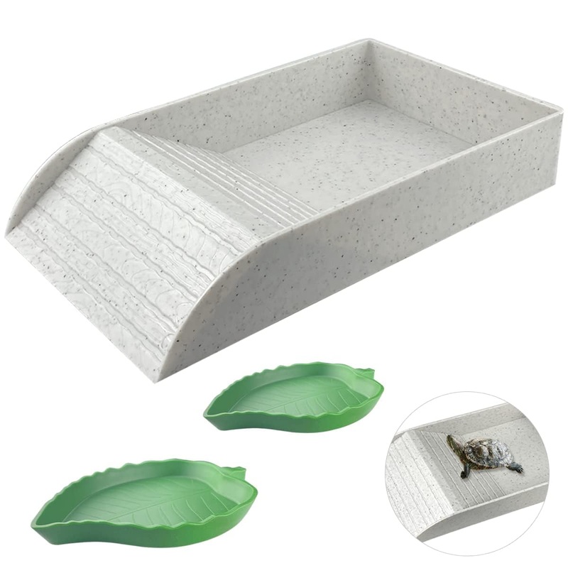3 PCS Tortoise Food Dish with Ramp and Tortoise Water Bowl,Gray Reptile Water Bowl,Reptile Water Dish Amphibians Habitat,Reptile Water Bowl for Turtles,Horned Frogs and Lizards Grey