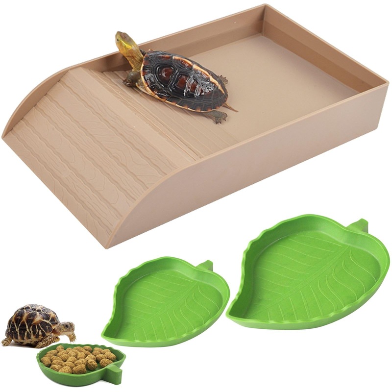 3pcs Tortoise Food Dish with Ramp and Basking Platform Leaf Tortoise Water Food Bowls Reptile Water Dish Turtle Reptile Pool for Amphibians Brown Brown Imitation Wood