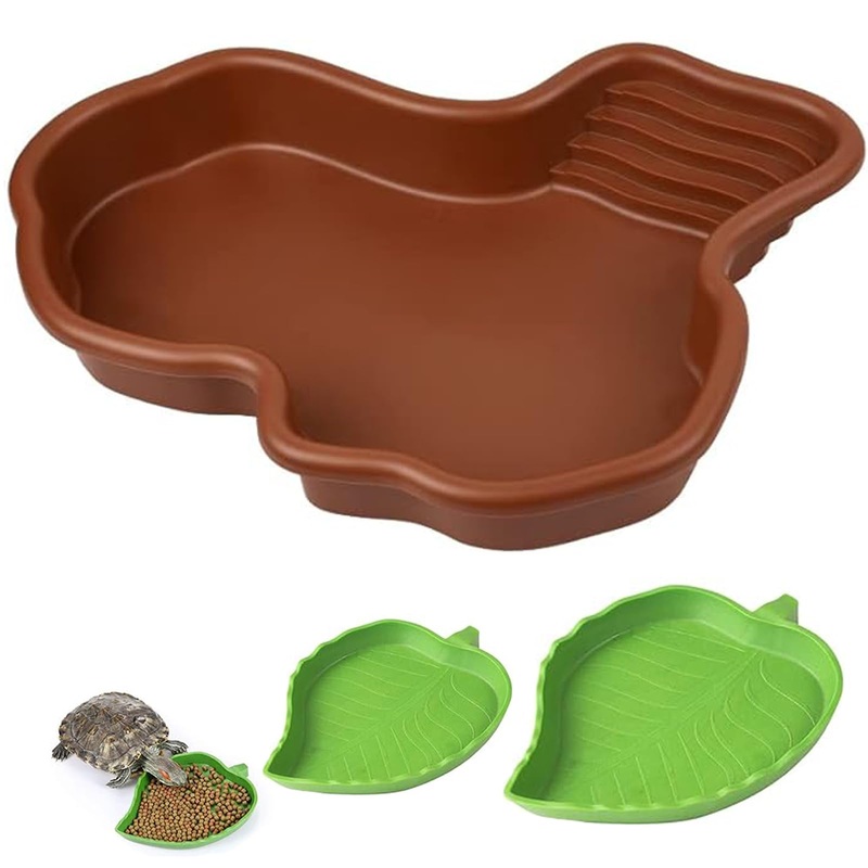 3PCS Tortoise Food Dish with Ramp Leaf Tortoise Food Water Bowls Reptile Food Water Bowls Amphibians Habitat Accessories for Horned Frogs Lizards Fit for Bath