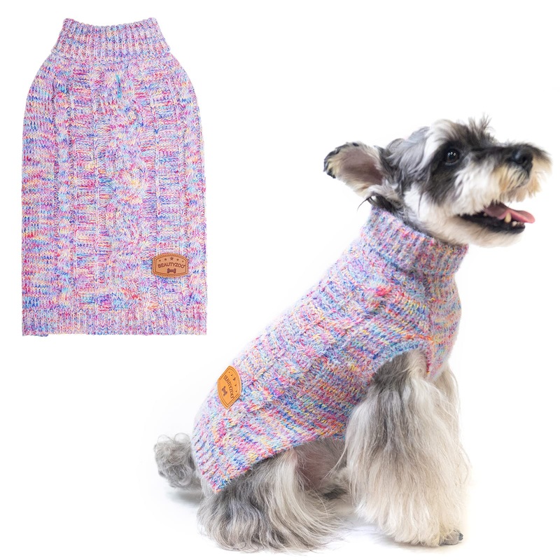 BEAUTYZOO Small Dog Sweater -Turtleneck Pullover Classic Cable Knit Fuzzy Winter Coat Dog Cold Weather Clothes for Small Medium Dogs Puppy Girl Boys(Rainbow Pink, S) S (Back: 12″, Chest: 16″, Neck: 10″) Gradient Pink