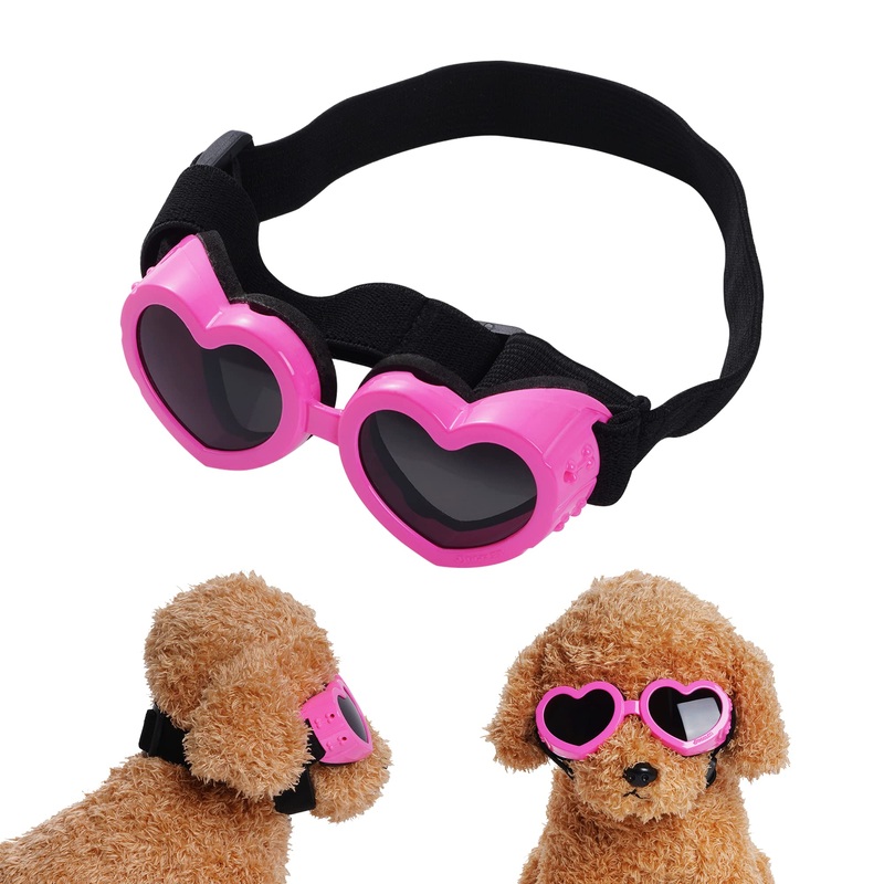 Dog Goggles Small Breed Doggy Sunglasses UV Protection Heart Shape Dog Sunglasses with Adjustable Strap Windproof Anti-Fog Sunglasses Motorcycle Dog Goggles for Small Dogs (Pink) Pink
