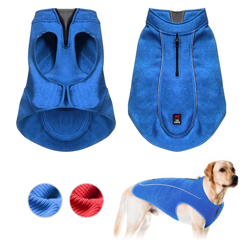 Insulated Fleece Sweater for Dogs | Lightweight Warm Dog Vest | Zipper Port for Harness | Cold Weather Winter Jacket | Rain Snow Repellant Coat | Adjustable for Small Medium Large Male Dogs (Blue/L) Heather Blue