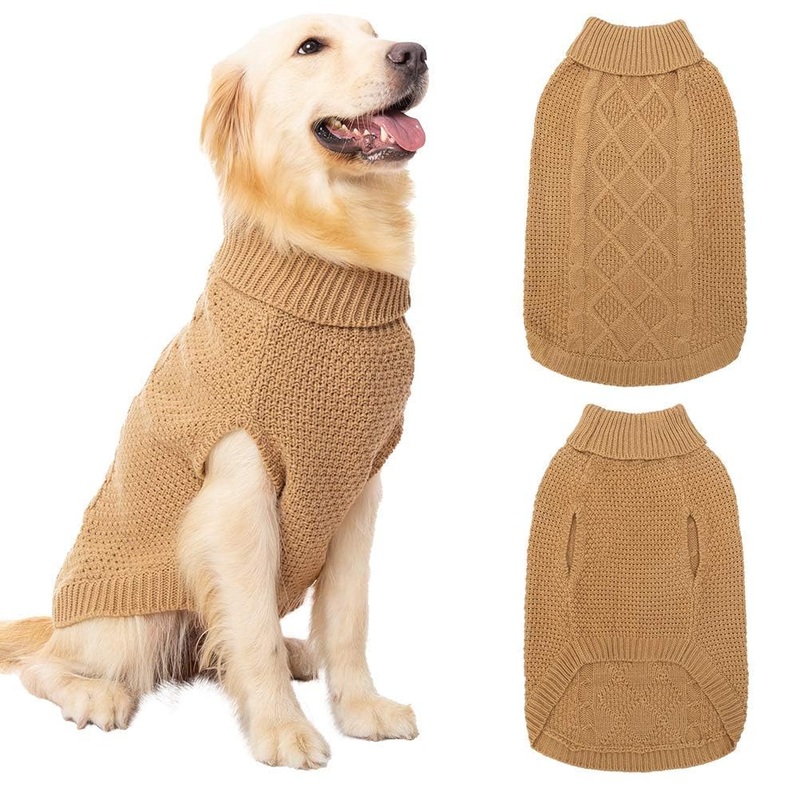 Mihachi Turtleneck Dog Sweater – Winter Coat Apparel Classic Cable Knit Clothes with Leash Hole for Cold Weather, Ideal Gift for Pet in New Year Small/Medium Khaki